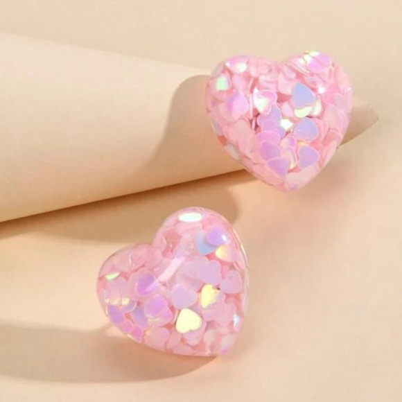 Pastel Pink Stud Earrings Iridescent Heart Posts Pink Heart Shaped Glitter Studs - Picture 2 of 5